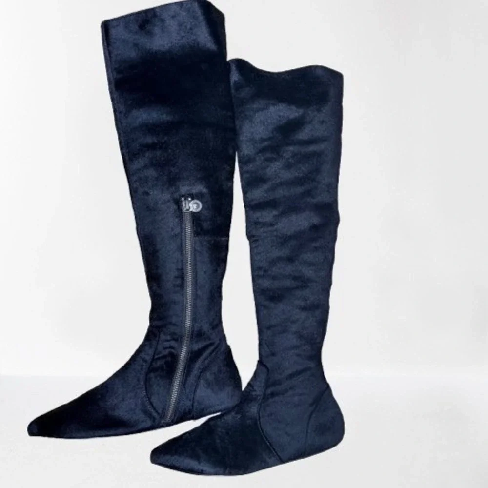 Leon Max Women's Black Pony Hair Leather Over The Knee Boots Pointed Toe Sz 5.5M